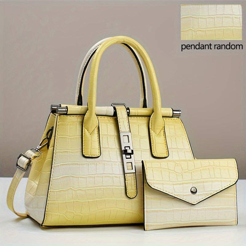 Buy 1 Get 1 Free, total of 2 Pcs Stylish Gradient Color Crocodile Pattern Tote Bag Set with Adjustable Strap - Multi-Pocket Organizer, Polyester Lining, and Detachable Clutch - Perfect Commuter Handbag with Zipper Closure: Light Yellow