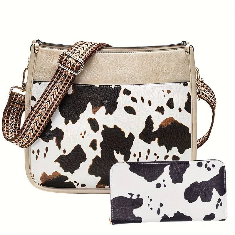 Faux Leather Animal Print Crossbody Bag with Adjustable Strap - Zipper Closure, Embroidered Cow Pattern, Foldable, Polyester Lining - Perfect for Travel, Work, and Daily Occasions: Brown+wallet