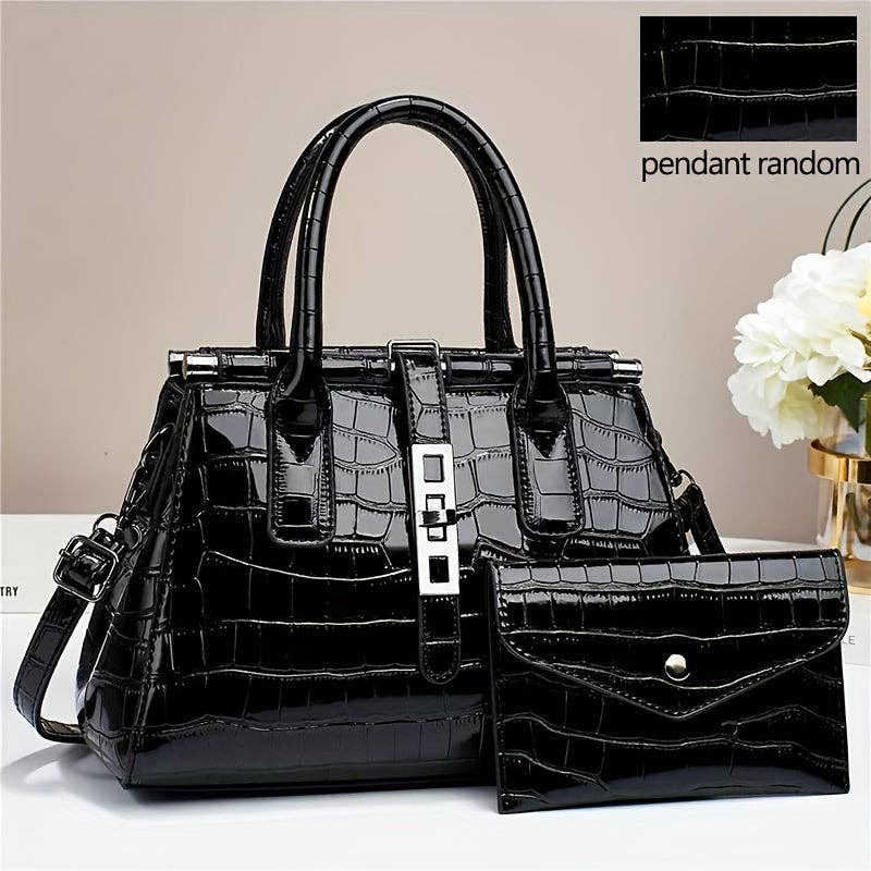 Buy 1 Get 1 Free, total of 2 Pcs Stylish Gradient Color Crocodile Pattern Tote Bag Set with Adjustable Strap - Multi-Pocket Organizer, Polyester Lining, and Detachable Clutch - Perfect Commuter Handbag with Zipper Closure: Light Violet