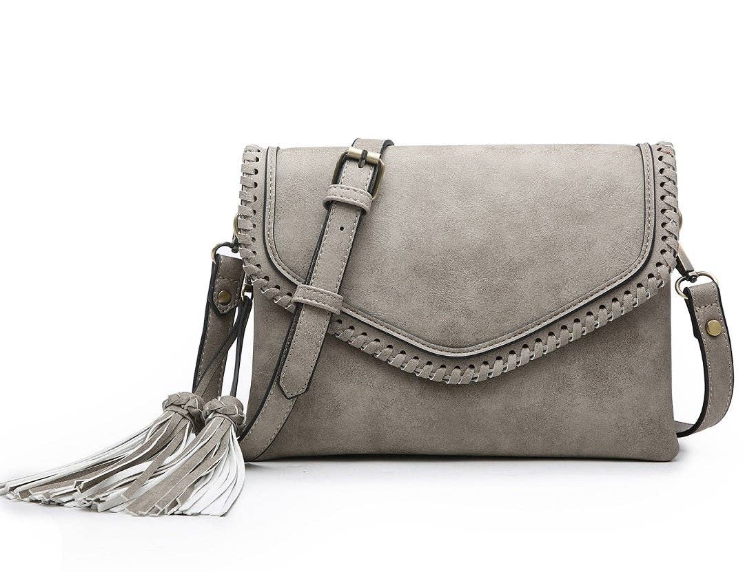 Flapover Crossbody w/ Whipstitch & Double Tassel: Cow White