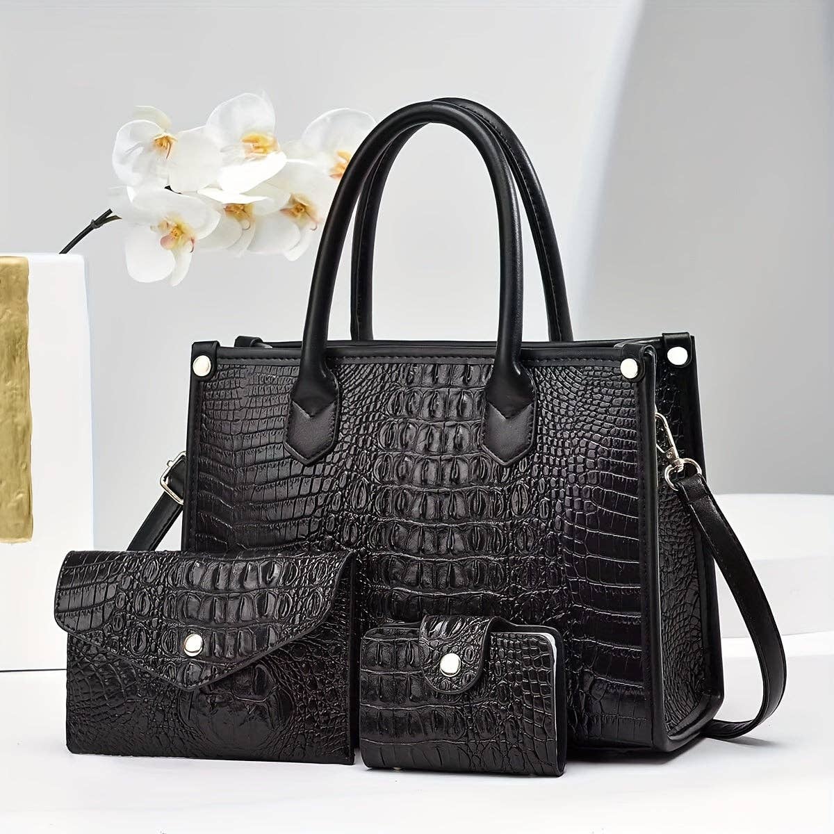 3pcs Set, Luxurious Crocodile Pattern Faux Leather Handbag Collection - Spacious Elegant Tote with Shoulder Bag and Stylish Letter Pattern Clutch - Perfect for Work, Travel, and Daily Life: Earth-Yellow