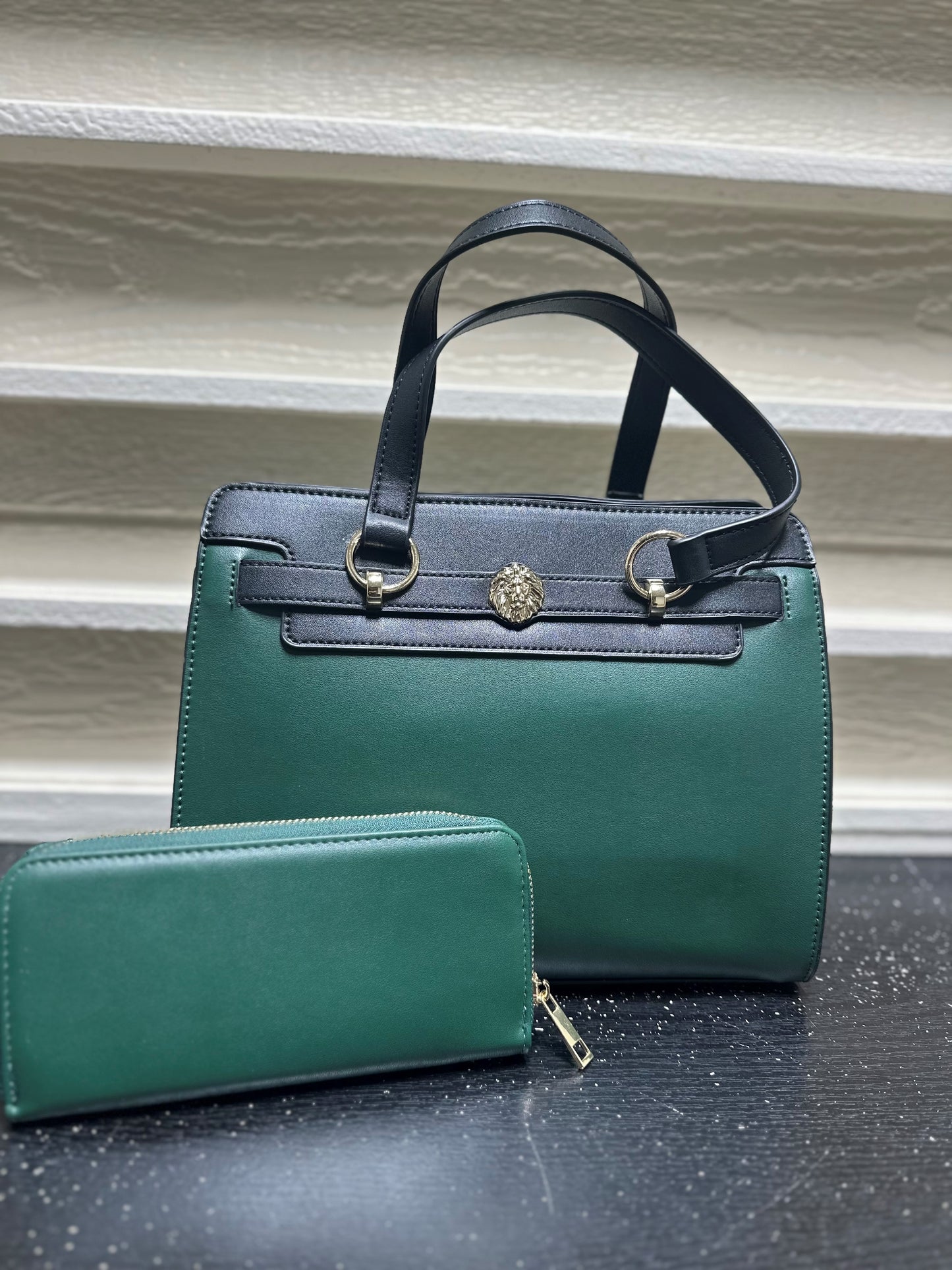 Lexi Two-Tone Lion Satchel with Wallet - Hunter Green