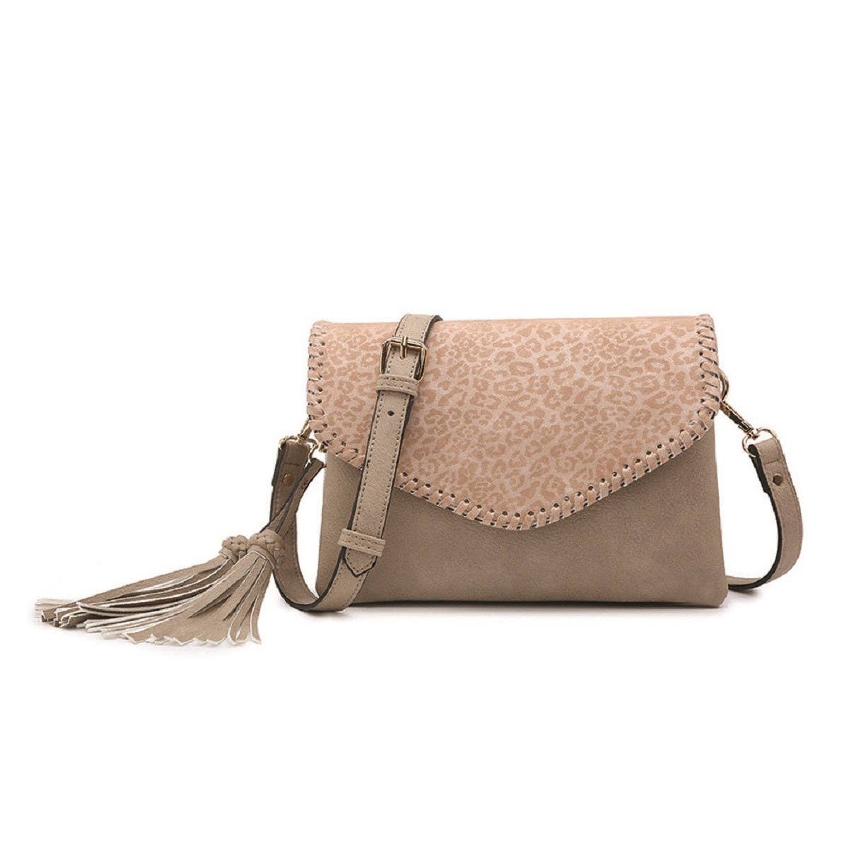 Flapover Crossbody w/ Whipstitch & Double Tassel: Cow White