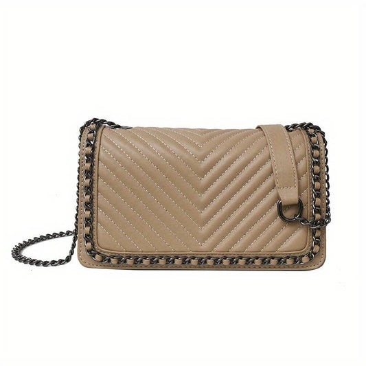 Simple Design Flap Shoulder Bag, PU Leather Square Crossbody Bag, Fashion Quilted Decor Satchel Bag: Khaki Color