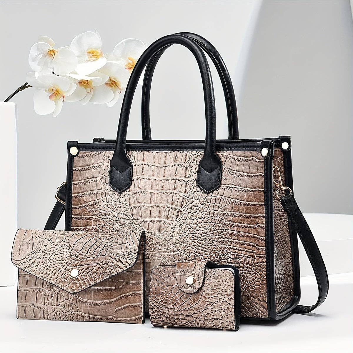 3pcs Set, Luxurious Crocodile Pattern Faux Leather Handbag Collection - Spacious Elegant Tote with Shoulder Bag and Stylish Letter Pattern Clutch - Perfect for Work, Travel, and Daily Life: Earth-Yellow