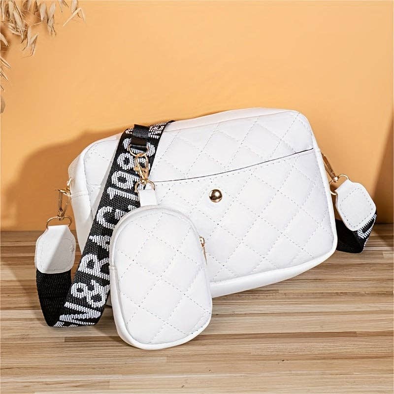 Buy 1 Get 1 Free, total of 2 pcs Chic Argyle Quilted Shoulder Bag Set - Fashionable Crossbody Bags with Matching Coin Purse - Durable PU Leather for Versatile Style: White