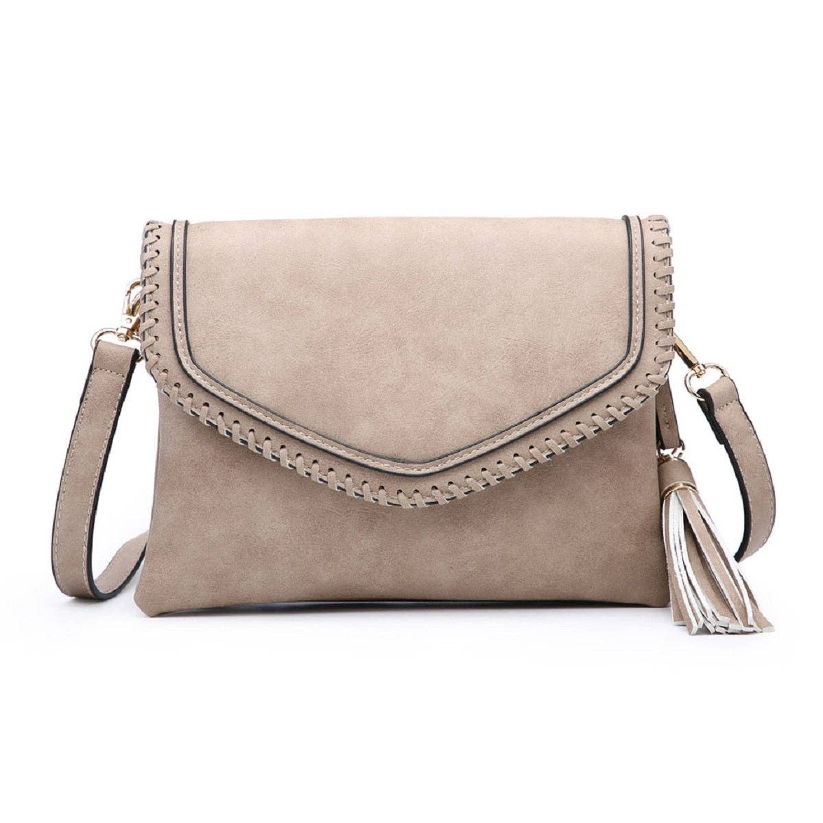 Flapover Crossbody w/ Whipstitch & Double Tassel: Pewter