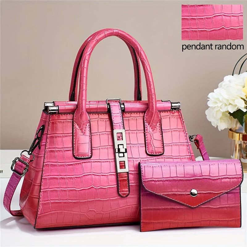 Buy 1 Get 1 Free, total of 2 Pcs Stylish Gradient Color Crocodile Pattern Tote Bag Set with Adjustable Strap - Multi-Pocket Organizer, Polyester Lining, and Detachable Clutch - Perfect Commuter Handbag with Zipper Closure: Light Violet