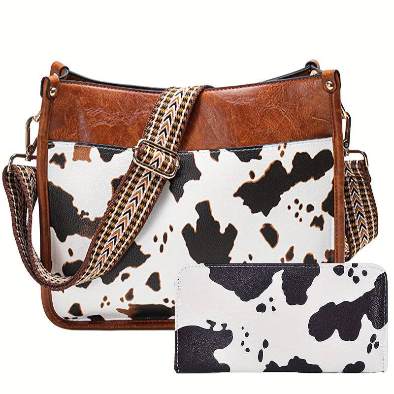 Faux Leather Animal Print Crossbody Bag with Adjustable Strap - Zipper Closure, Embroidered Cow Pattern, Foldable, Polyester Lining - Perfect for Travel, Work, and Daily Occasions: Brown+wallet