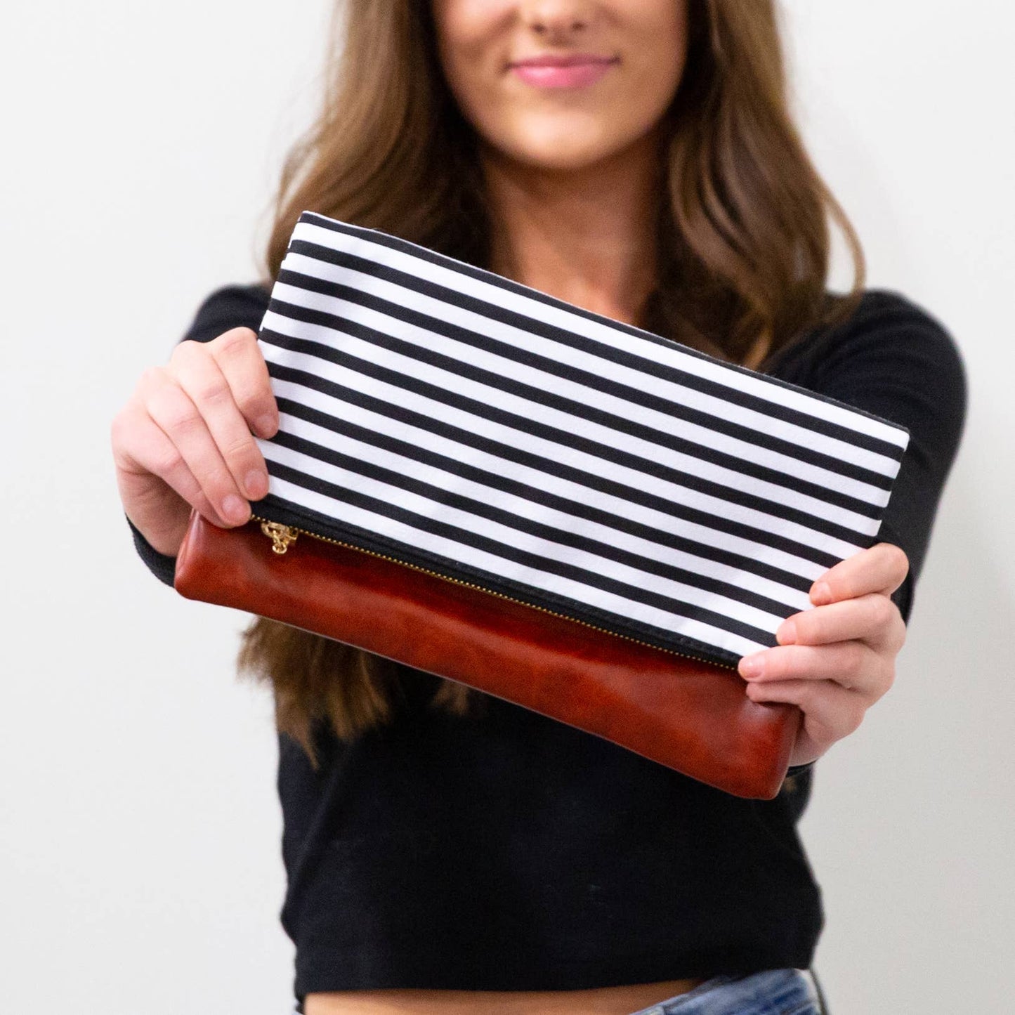 Foldover Wristlet Clutch Collection: Black & White Buffalo Check (Brown Faux Leather)