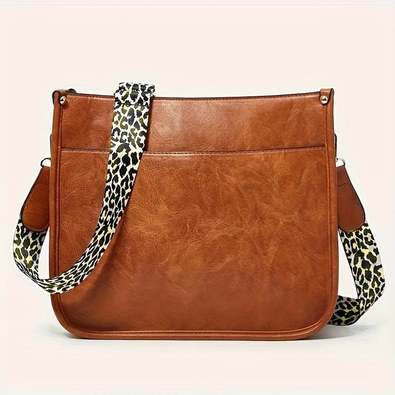 Faux Leather Animal Print Crossbody Bag with Adjustable Strap - Zipper Closure, Embroidered Cow Pattern, Foldable, Polyester Lining - Perfect for Travel, Work, and Daily Occasions: Brown+wallet