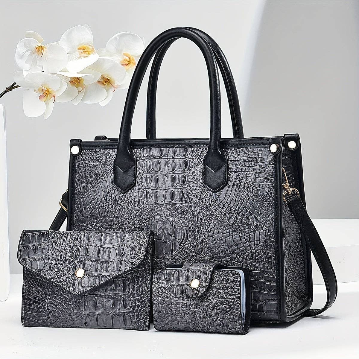 3pcs Set, Luxurious Crocodile Pattern Faux Leather Handbag Collection - Spacious Elegant Tote with Shoulder Bag and Stylish Letter Pattern Clutch - Perfect for Work, Travel, and Daily Life: Earth-Yellow