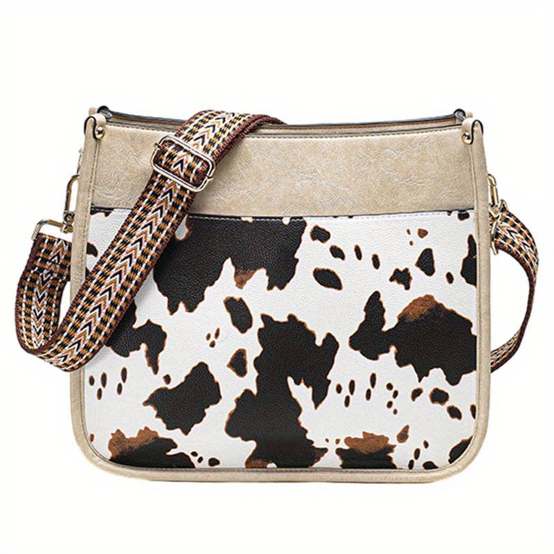 Faux Leather Animal Print Crossbody Bag with Adjustable Strap - Zipper Closure, Embroidered Cow Pattern, Foldable, Polyester Lining - Perfect for Travel, Work, and Daily Occasions: Brown+wallet