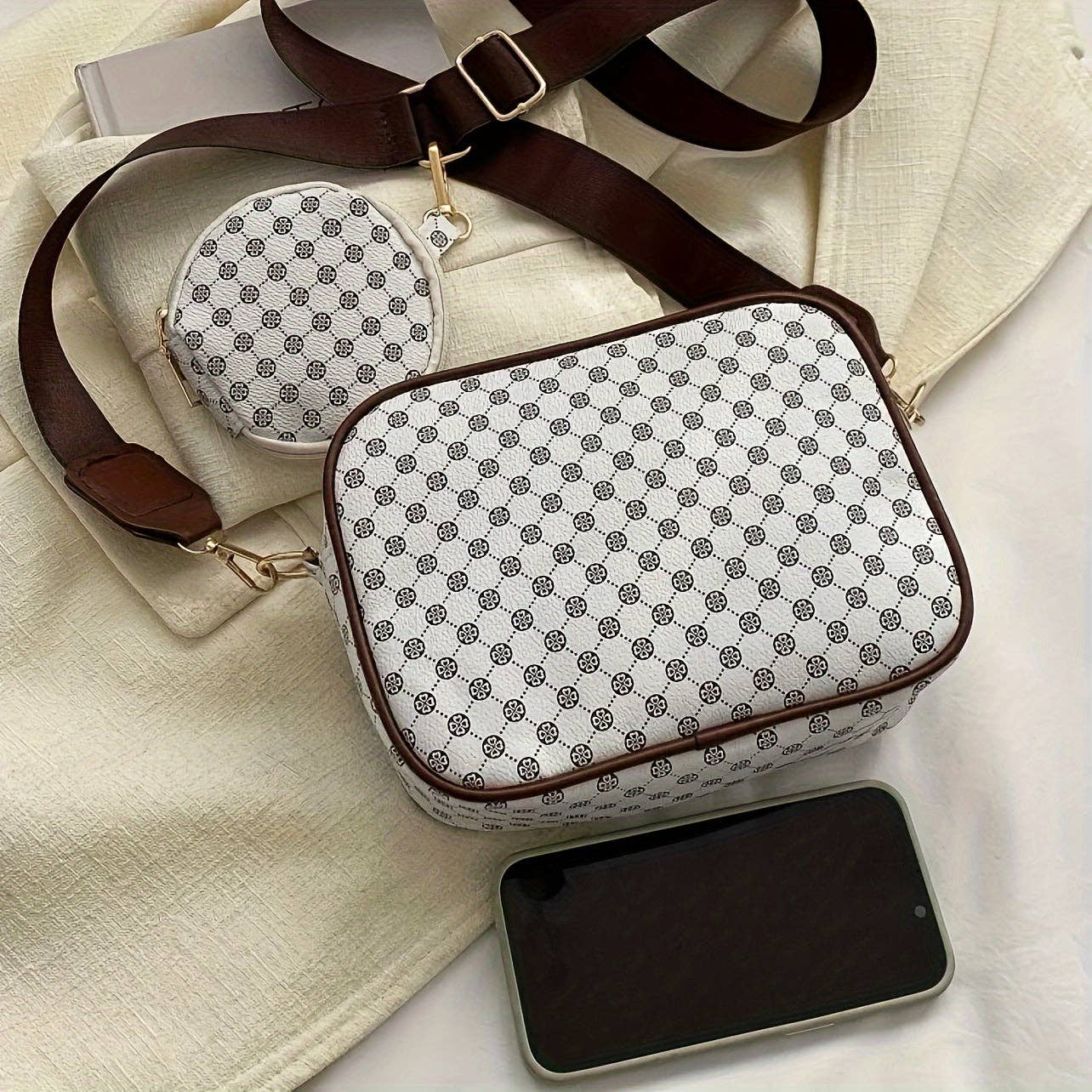 Elegant Women's Geometric Crossbody Bag Set with Coin Purse | Secure Zip | Chic Plaid Lined, Durable & Versatile PU Shoulder Bag: Coffee Color