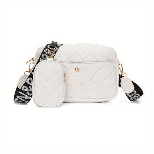 Buy 1 Get 1 Free, total of 2 pcs Chic Argyle Quilted Shoulder Bag Set - Fashionable Crossbody Bags with Matching Coin Purse - Durable PU Leather for Versatile Style: White