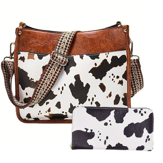 Faux Leather Animal Print Crossbody Bag with Adjustable Strap - Zipper Closure, Embroidered Cow Pattern, Foldable, Polyester Lining - Perfect for Travel, Work, and Daily Occasions: Brown+wallet