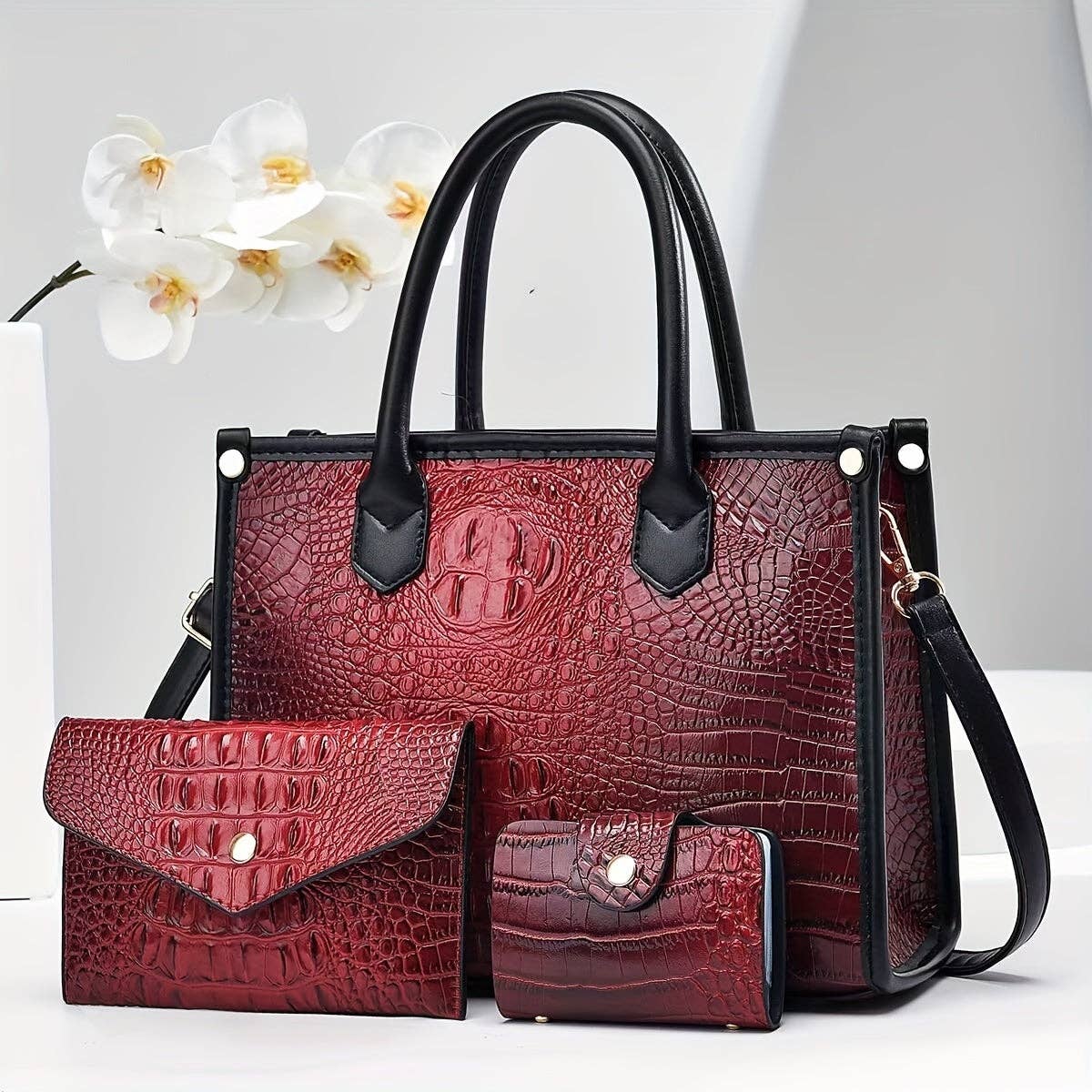 3pcs Set, Luxurious Crocodile Pattern Faux Leather Handbag Collection - Spacious Elegant Tote with Shoulder Bag and Stylish Letter Pattern Clutch - Perfect for Work, Travel, and Daily Life: Earth-Yellow