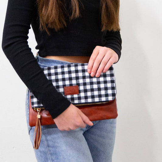 Foldover Wristlet Clutch Collection: Black & White Buffalo Check (Brown Faux Leather)