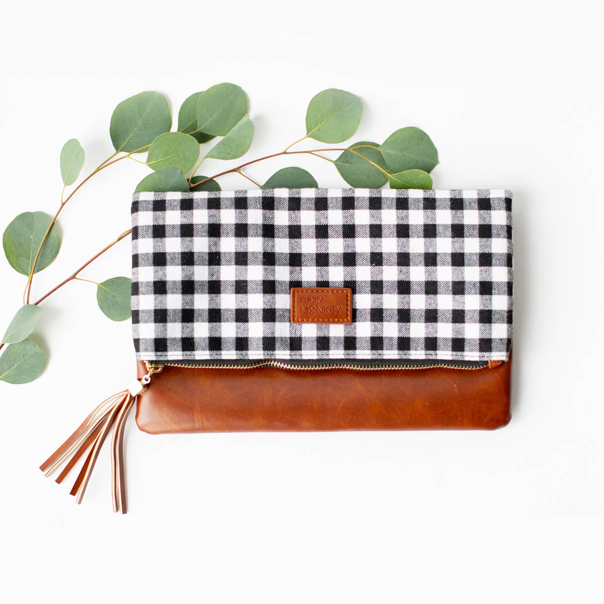 Foldover Wristlet Clutch Collection: Black & White Buffalo Check (Brown Faux Leather)