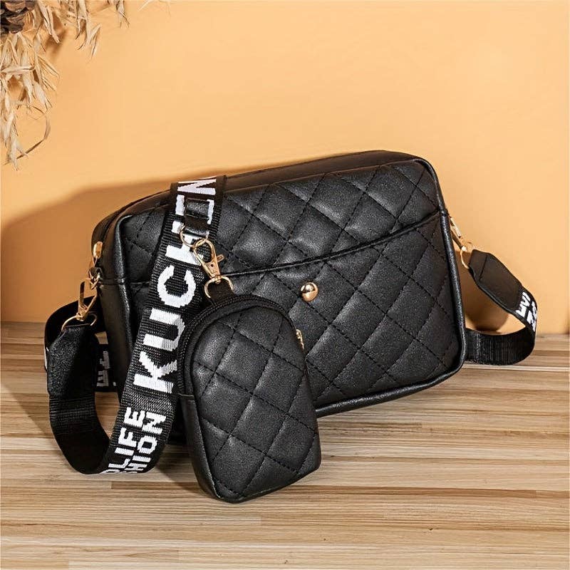 Buy 1 Get 1 Free, total of 2 pcs Chic Argyle Quilted Shoulder Bag Set - Fashionable Crossbody Bags with Matching Coin Purse - Durable PU Leather for Versatile Style: White