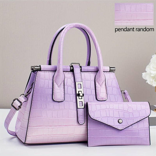 Buy 1 Get 1 Free, total of 2 Pcs Stylish Gradient Color Crocodile Pattern Tote Bag Set with Adjustable Strap - Multi-Pocket Organizer, Polyester Lining, and Detachable Clutch - Perfect Commuter Handbag with Zipper Closure: Light Violet