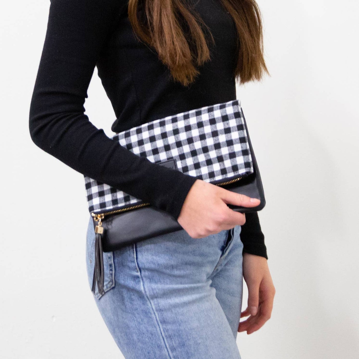 Foldover Wristlet Clutch Collection: Black & White Buffalo Check (Black Faux Leather)