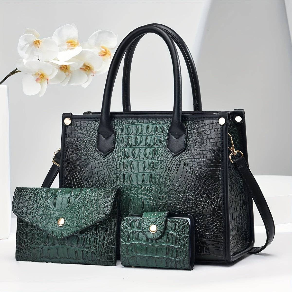 3pcs Set, Luxurious Crocodile Pattern Faux Leather Handbag Collection - Spacious Elegant Tote with Shoulder Bag and Stylish Letter Pattern Clutch - Perfect for Work, Travel, and Daily Life: Earth-Yellow