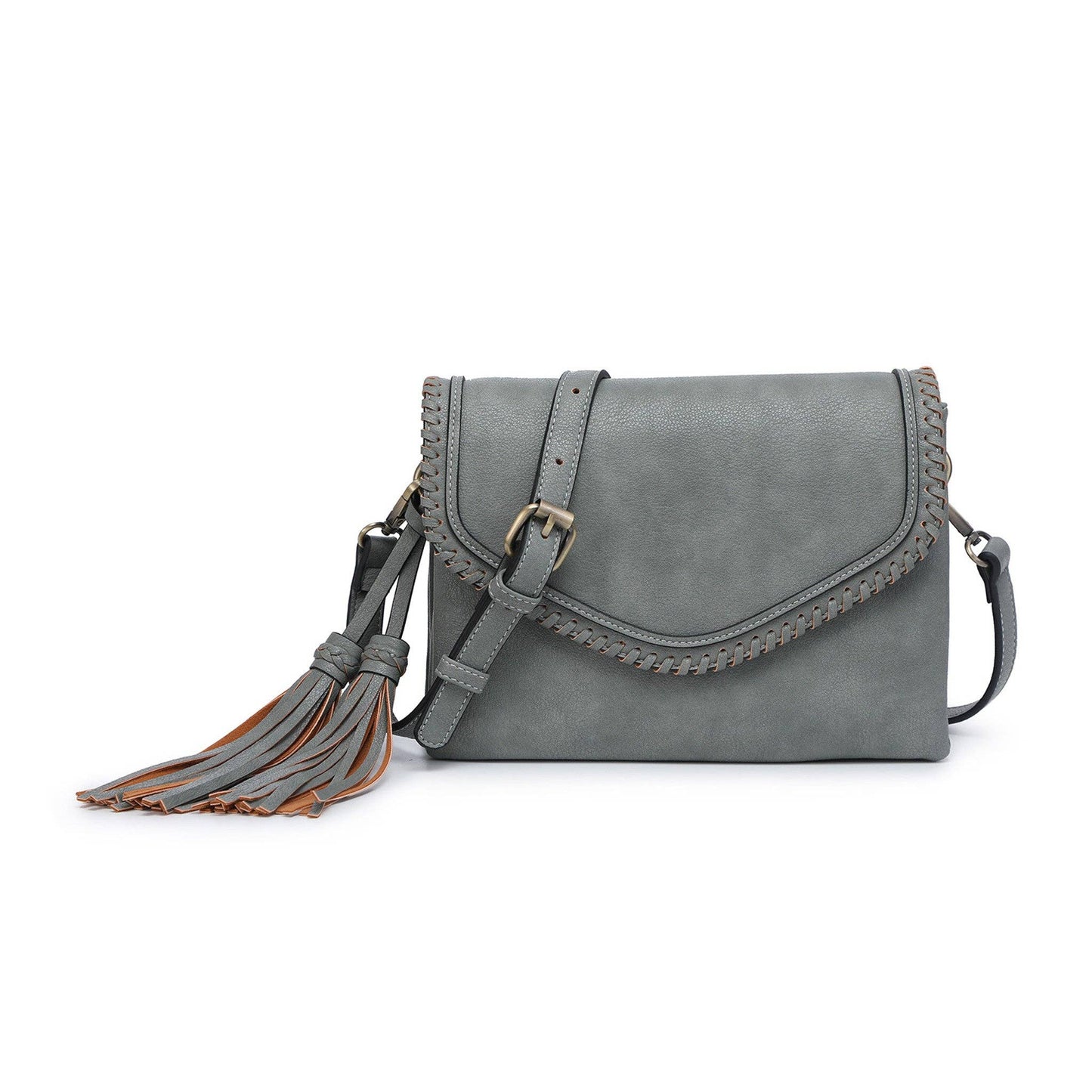 Flapover Crossbody w/ Whipstitch & Double Tassel: Pewter