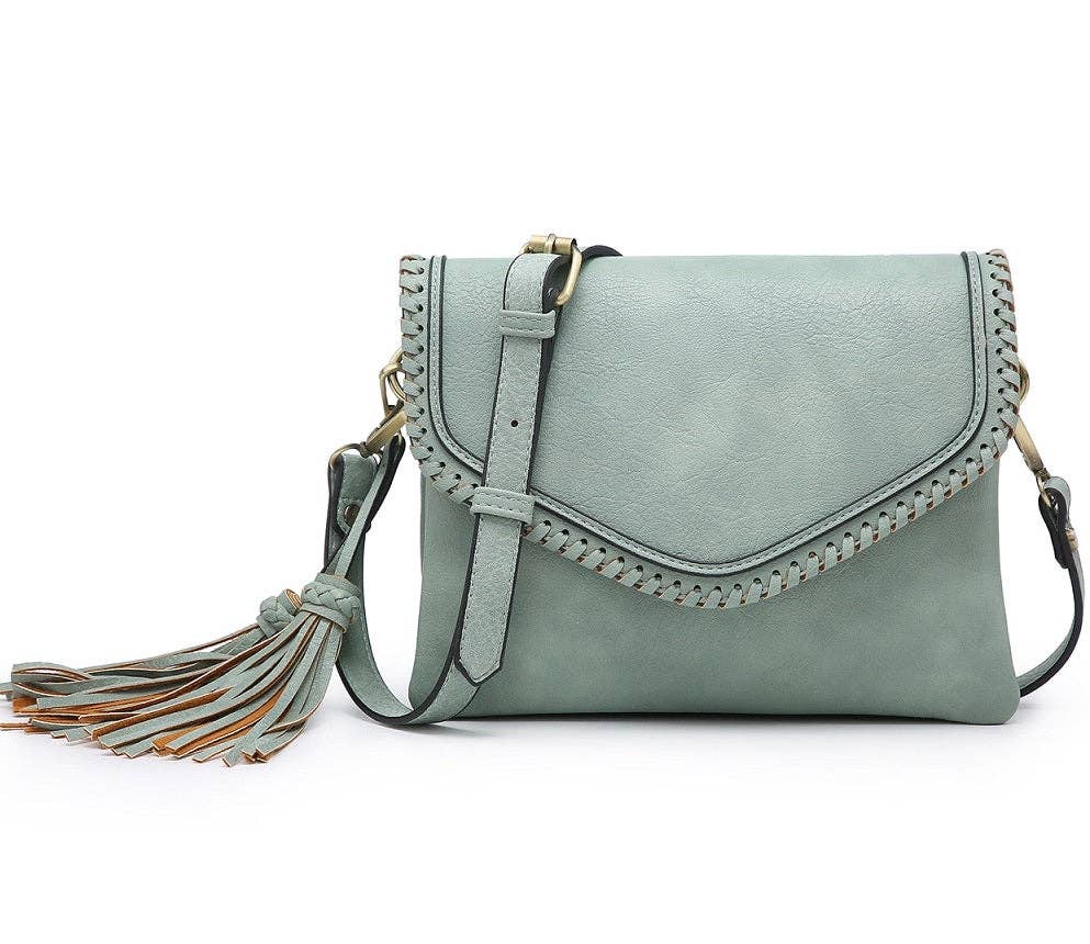 Flapover Crossbody w/ Whipstitch & Double Tassel: Pewter