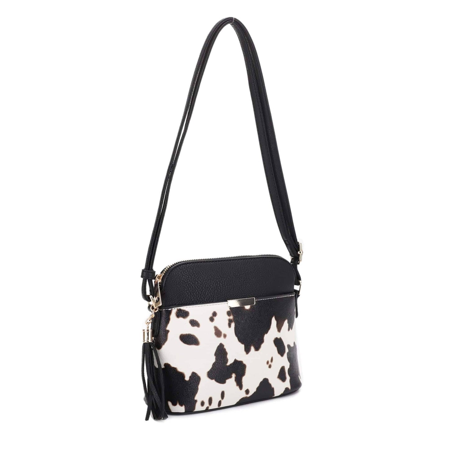 Cow Print Dome Crossbody Bag: Black