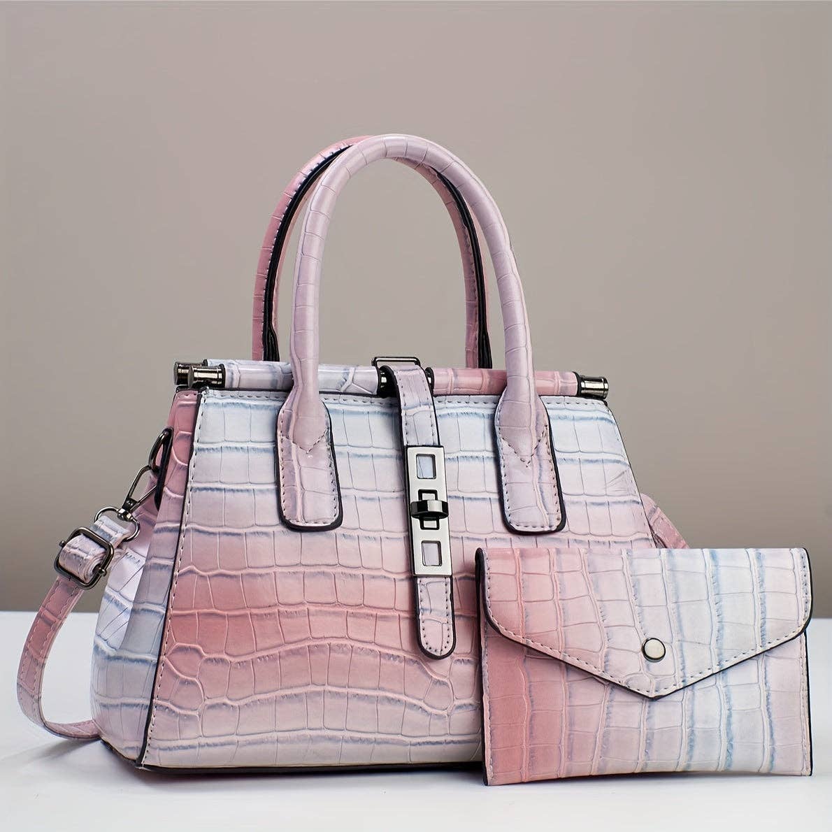 Buy 1 Get 1 Free, total of 2 Pcs Stylish Gradient Color Crocodile Pattern Tote Bag Set with Adjustable Strap - Multi-Pocket Organizer, Polyester Lining, and Detachable Clutch - Perfect Commuter Handbag with Zipper Closure: Light Violet