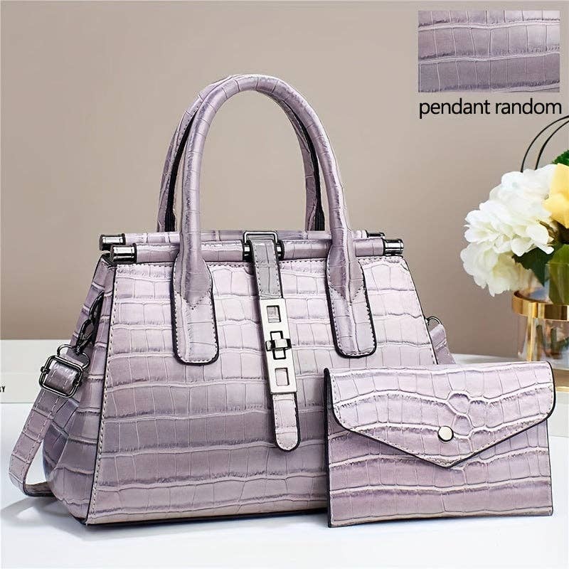 Buy 1 Get 1 Free, total of 2 Pcs Stylish Gradient Color Crocodile Pattern Tote Bag Set with Adjustable Strap - Multi-Pocket Organizer, Polyester Lining, and Detachable Clutch - Perfect Commuter Handbag with Zipper Closure: Light Violet