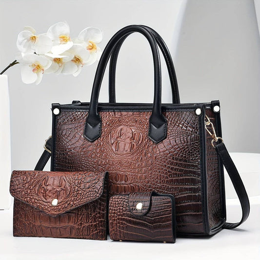 3pcs Set, Luxurious Crocodile Pattern Faux Leather Handbag Collection - Spacious Elegant Tote with Shoulder Bag and Stylish Letter Pattern Clutch - Perfect for Work, Travel, and Daily Life: Earth-Yellow