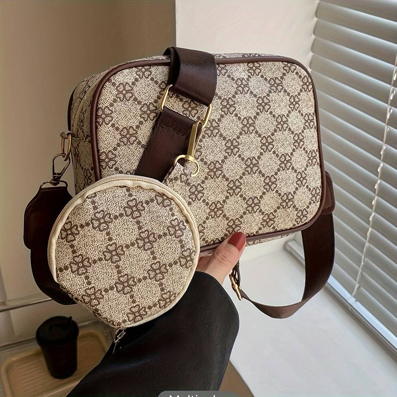 Elegant Women's Geometric Crossbody Bag Set with Coin Purse | Secure Zip | Chic Plaid Lined, Durable & Versatile PU Shoulder Bag: Coffee Color