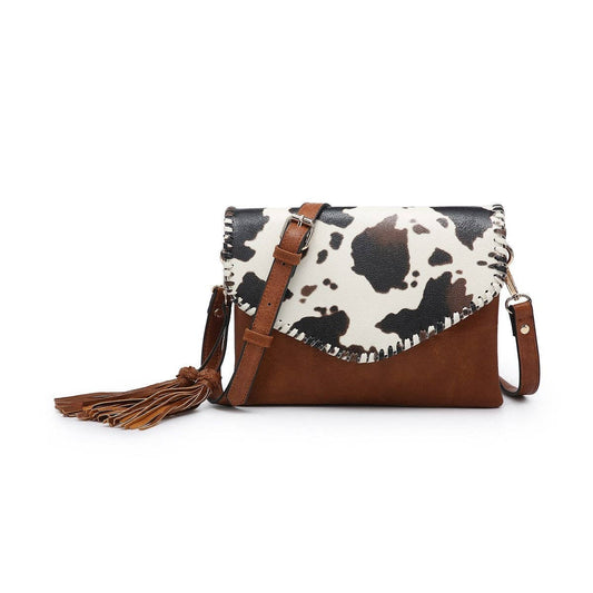 Flapover Crossbody w/ Whipstitch & Double Tassel: Cow White