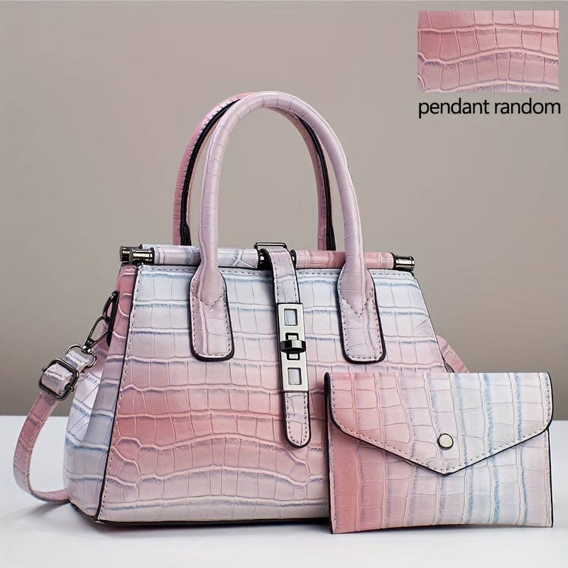 Buy 1 Get 1 Free, total of 2 Pcs Stylish Gradient Color Crocodile Pattern Tote Bag Set with Adjustable Strap - Multi-Pocket Organizer, Polyester Lining, and Detachable Clutch - Perfect Commuter Handbag with Zipper Closure: Light Violet