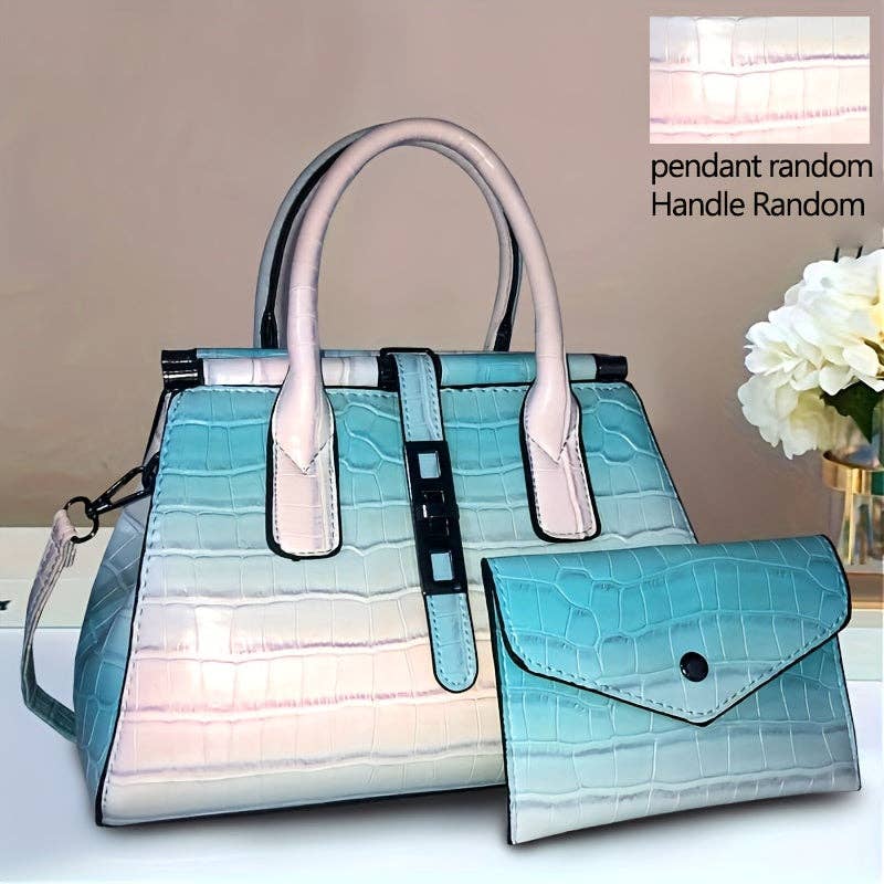 Buy 1 Get 1 Free, total of 2 Pcs Stylish Gradient Color Crocodile Pattern Tote Bag Set with Adjustable Strap - Multi-Pocket Organizer, Polyester Lining, and Detachable Clutch - Perfect Commuter Handbag with Zipper Closure: Light Violet