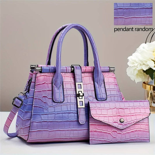 Buy 1 Get 1 Free, total of 2 Pcs Stylish Gradient Color Crocodile Pattern Tote Bag Set with Adjustable Strap - Multi-Pocket Organizer, Polyester Lining, and Detachable Clutch - Perfect Commuter Handbag with Zipper Closure: Pink Purple