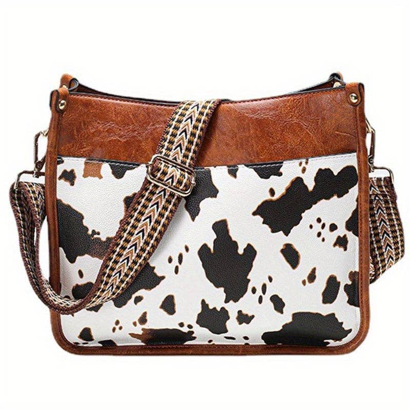 Faux Leather Animal Print Crossbody Bag with Adjustable Strap - Zipper Closure, Embroidered Cow Pattern, Foldable, Polyester Lining - Perfect for Travel, Work, and Daily Occasions: Brown+wallet