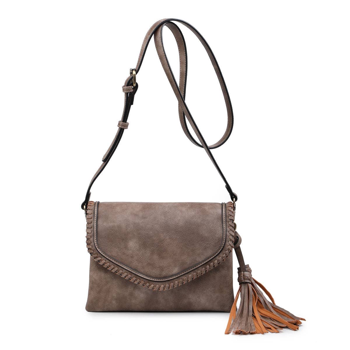 Flapover Crossbody w/ Whipstitch & Double Tassel: Pewter