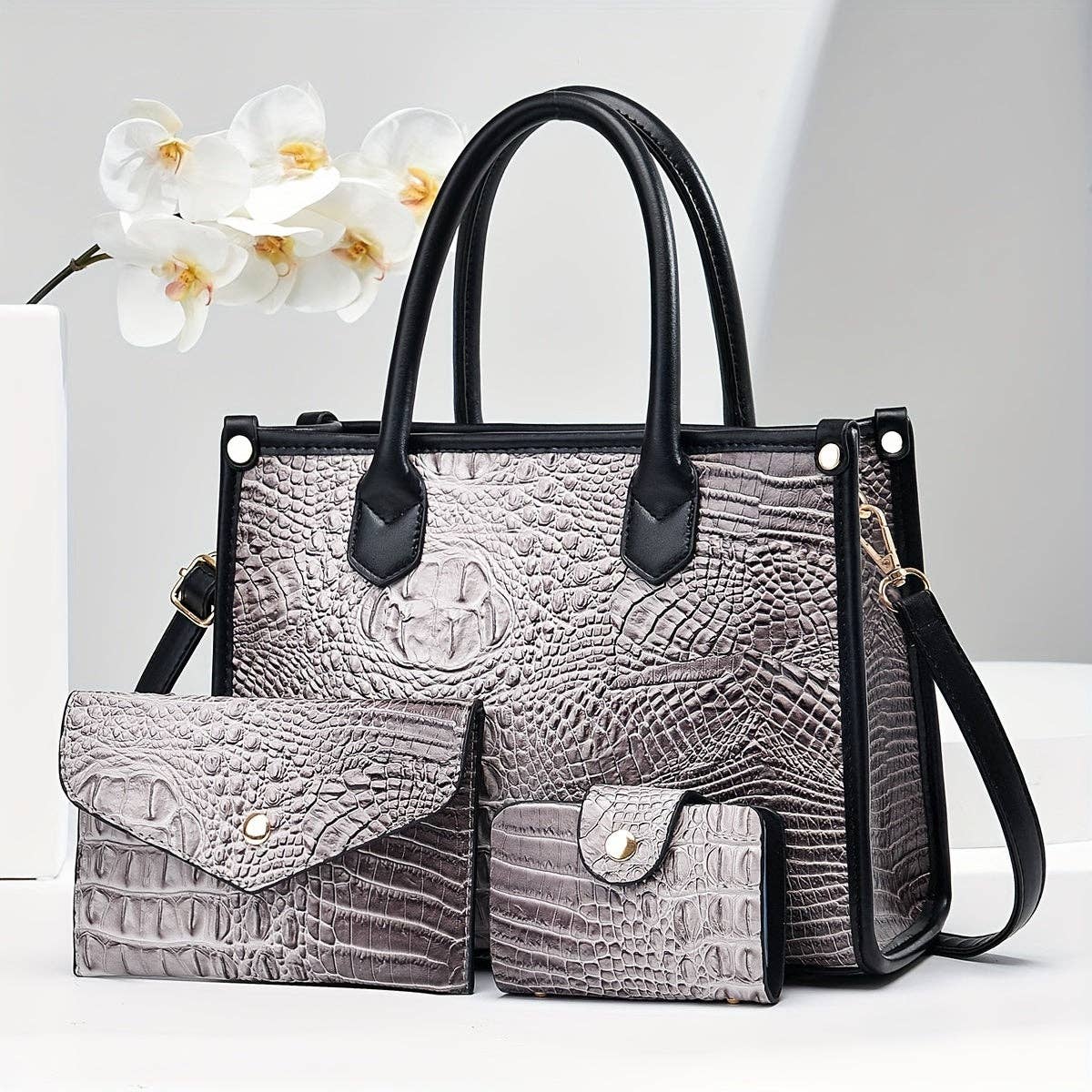 3pcs Set, Luxurious Crocodile Pattern Faux Leather Handbag Collection - Spacious Elegant Tote with Shoulder Bag and Stylish Letter Pattern Clutch - Perfect for Work, Travel, and Daily Life: Earth-Yellow