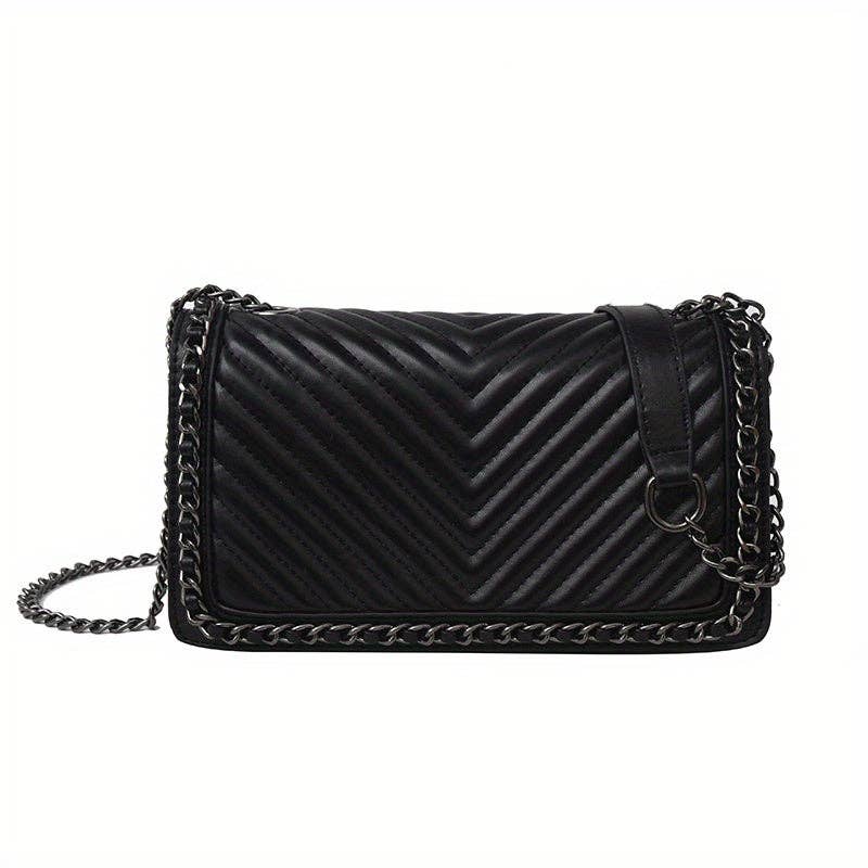 Simple Design Flap Shoulder Bag, PU Leather Square Crossbody Bag, Fashion Quilted Decor Satchel Bag: Black