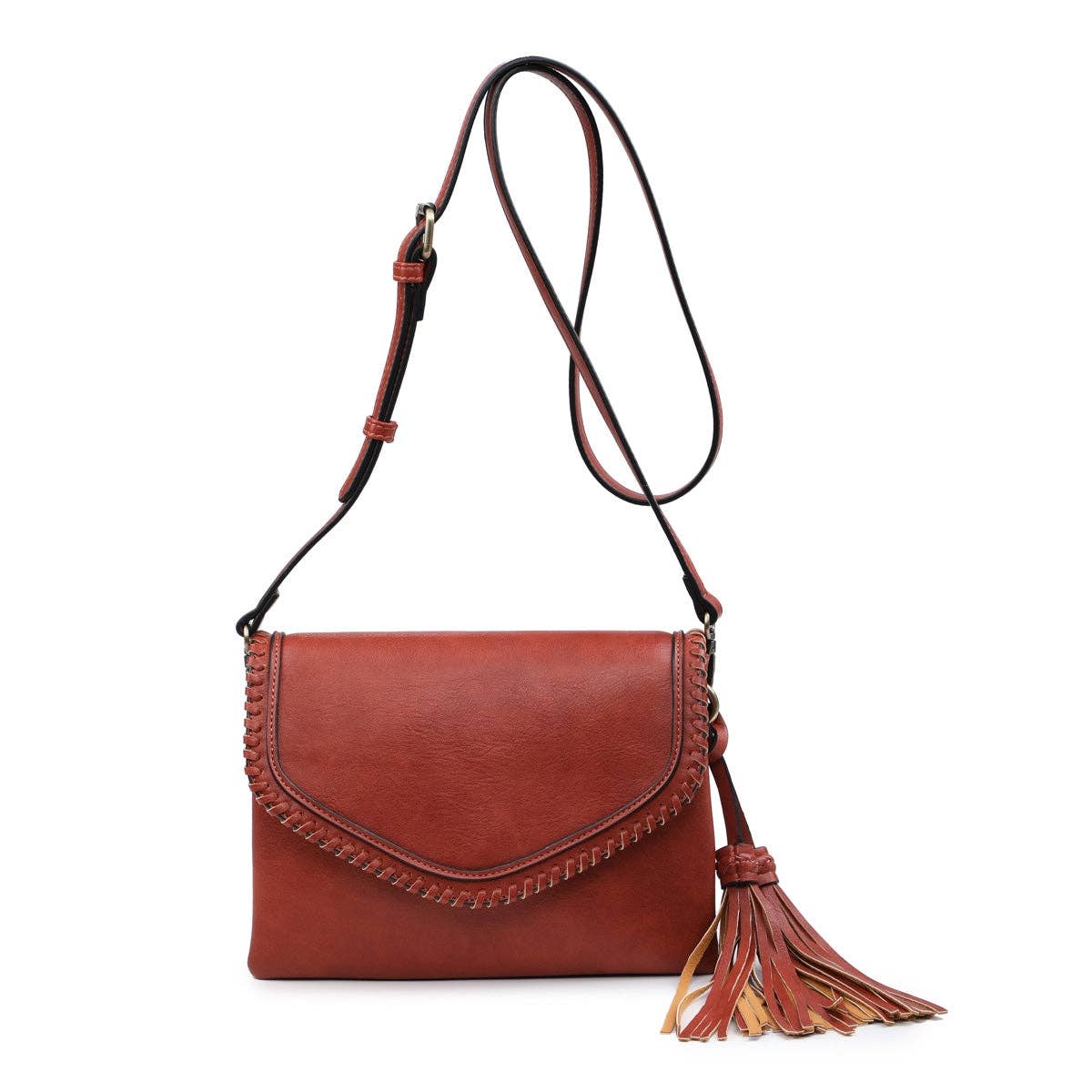 Flapover Crossbody w/ Whipstitch & Double Tassel: Cow White