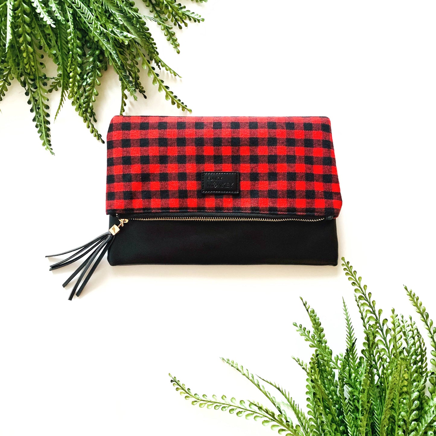 Foldover Wristlet Clutch Collection: Black & White Buffalo Check (Brown Faux Leather)