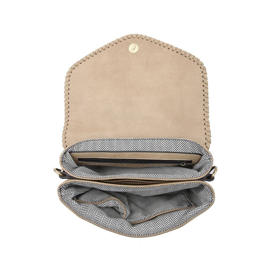 Flapover Crossbody w/ Whipstitch & Double Tassel: Pewter