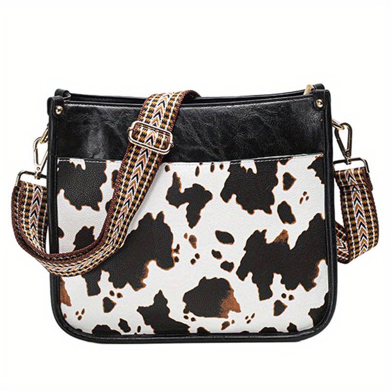 Faux Leather Animal Print Crossbody Bag with Adjustable Strap - Zipper Closure, Embroidered Cow Pattern, Foldable, Polyester Lining - Perfect for Travel, Work, and Daily Occasions: Brown+wallet