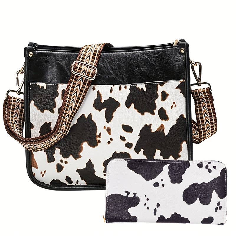 Faux Leather Animal Print Crossbody Bag with Adjustable Strap - Zipper Closure, Embroidered Cow Pattern, Foldable, Polyester Lining - Perfect for Travel, Work, and Daily Occasions: Brown+wallet