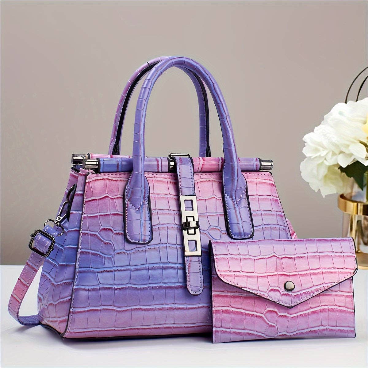 Buy 1 Get 1 Free, total of 2 Pcs Stylish Gradient Color Crocodile Pattern Tote Bag Set with Adjustable Strap - Multi-Pocket Organizer, Polyester Lining, and Detachable Clutch - Perfect Commuter Handbag with Zipper Closure: Light Violet