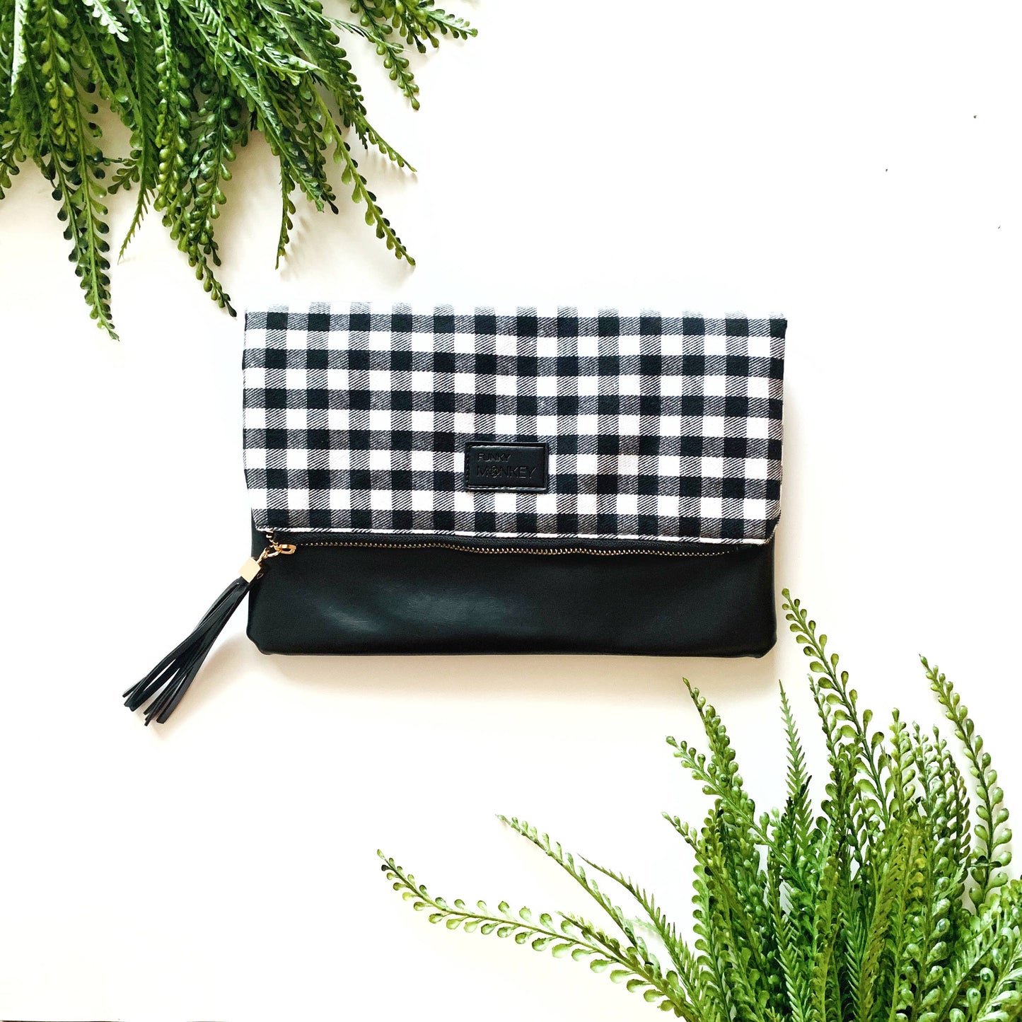 Foldover Wristlet Clutch Collection: Black & White Buffalo Check (Brown Faux Leather)