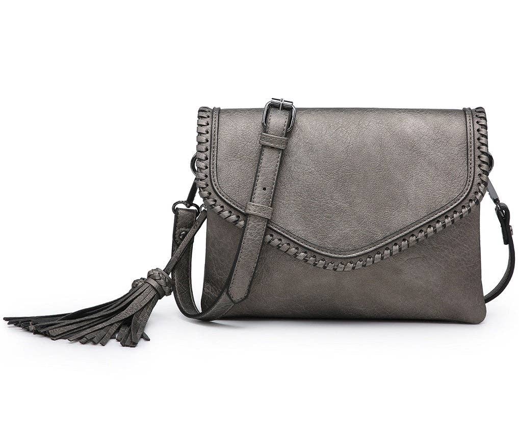 Flapover Crossbody w/ Whipstitch & Double Tassel: Cow White